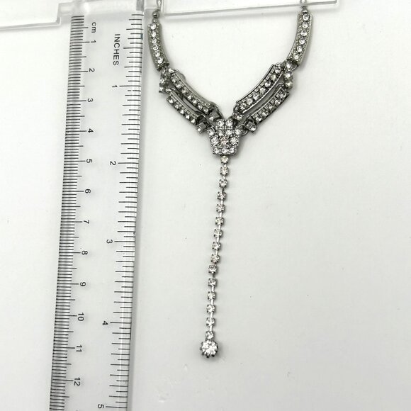 KL Silver Tone Rhinestone Y Drop Adjustable Necklace Evening Bridal - Picture 5 of 12